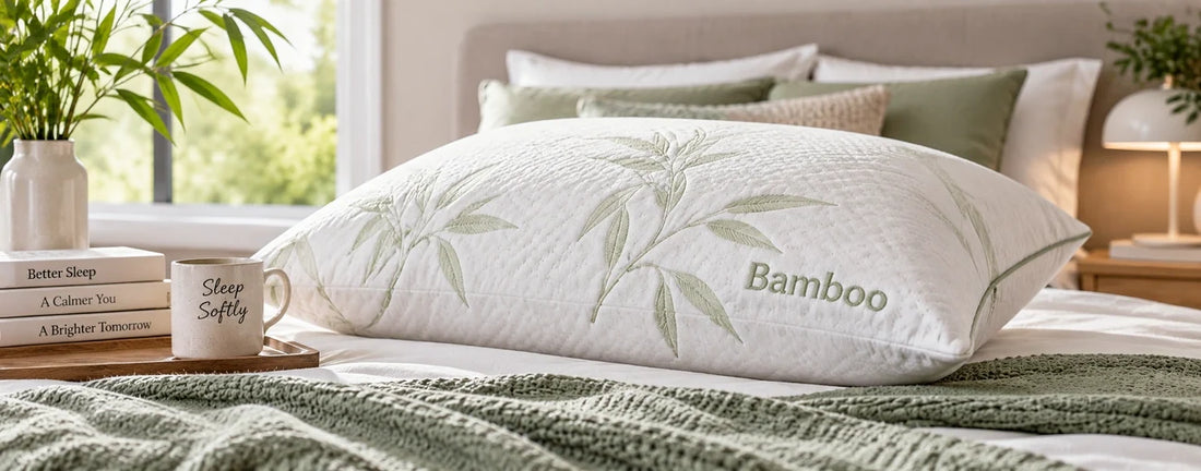 Bamboo memory foam pillow with a soft quilted cover on a modern bedroom bed for a UK bamboo pillow guide