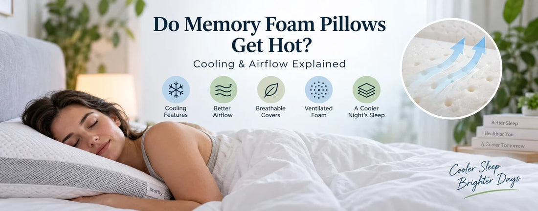 Cooling memory foam pillow guide showing airflow, breathable cover and ventilated foam features for cooler sleep