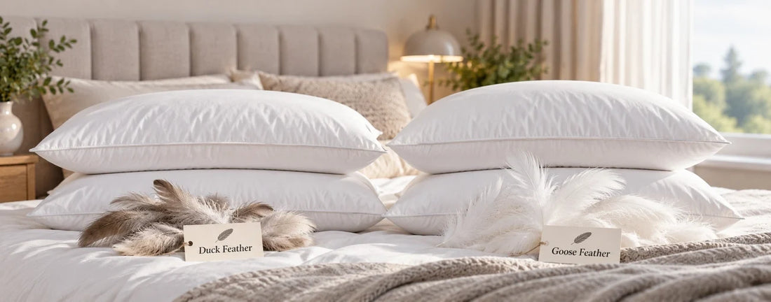 Duck feather and goose feather pillows compared on a modern bedroom bed for a UK pillow guide