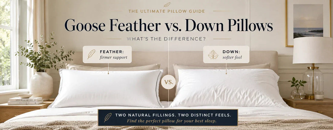 Goose feather vs down pillows guide showing firmer feather support and softer down feel in a modern bedroom setting.