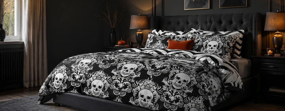 Gothic Halloween bedroom styled with black and white skull duvet cover and dark bedroom accessories