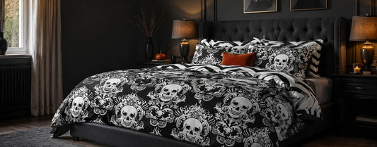 Gothic Halloween bedroom styled with black and white skull duvet cover and dark bedroom accessories