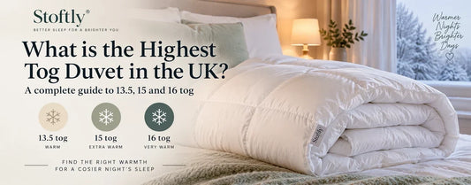 Highest tog duvet UK guide comparing 13.5, 15 and 16 tog warmth levels beside a cosy white winter duvet