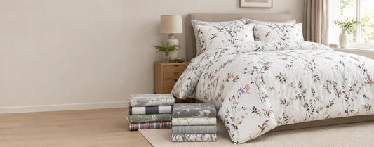 Patterned duvet covers styled in a contemporary UK bedroom showing different floral, botanical, checked and striped bedding designs