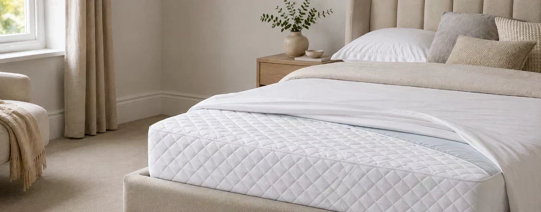 White quilted mattress protector fitted over a UK mattress beneath a folded-back fitted sheet