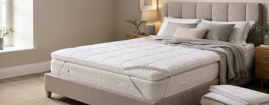 White quilted mattress topper fitted to a UK bed showing cushioned depth and elastic corner straps