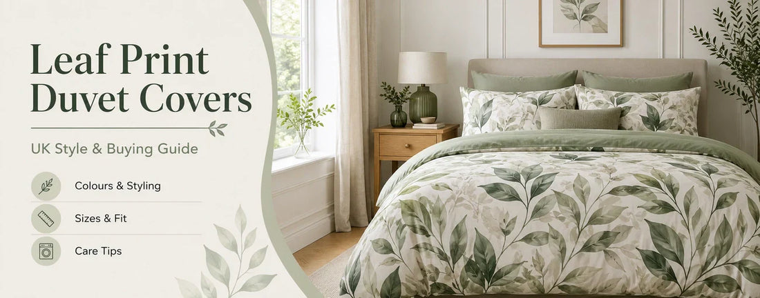 Leaf print duvet cover styled in a calm UK bedroom with green botanical bedding