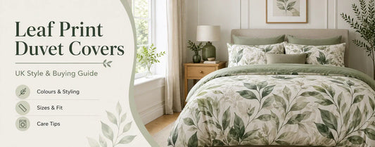 Leaf print duvet cover styled in a calm UK bedroom with green botanical bedding