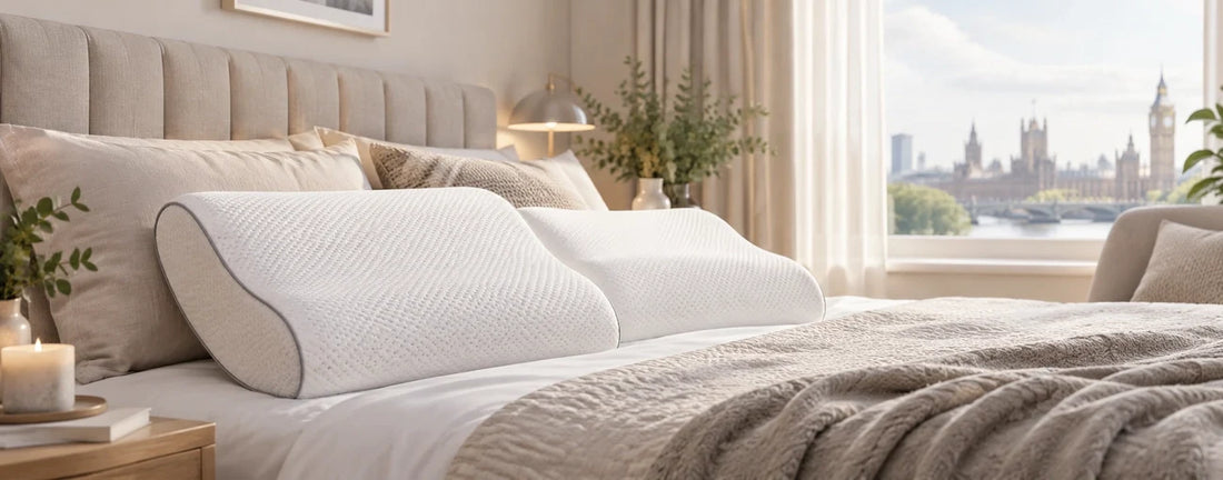 Two contoured memory foam pillows on a modern UK bedroom bed for a guide to benefits, cooling and pillow choice