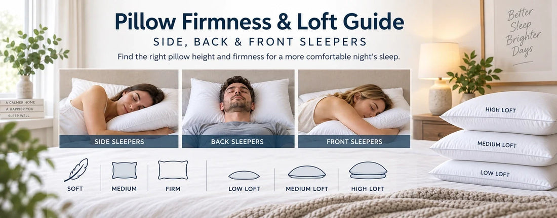 Pillow firmness and loft guide showing side, back and front sleepers with soft, medium, firm and different pillow heights