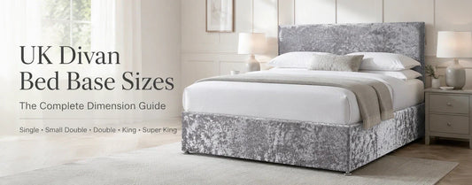 Silver crushed velvet UK divan bed base in a modern bedroom with UK bed size guide text