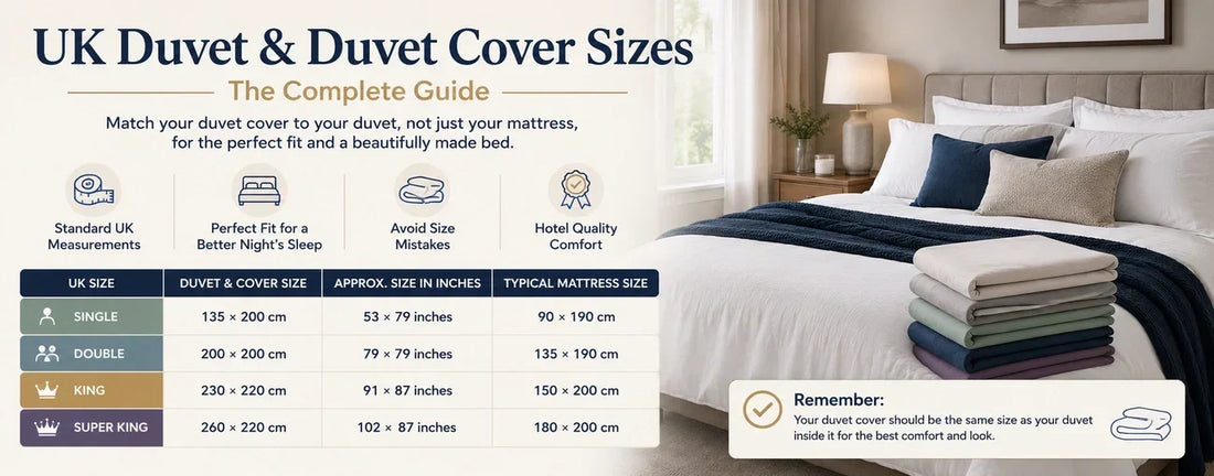 UK duvet and duvet cover size guide showing single double king and super king beds