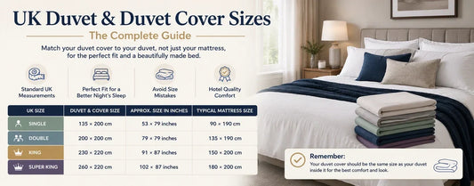 UK duvet and duvet cover size guide showing single double king and super king beds