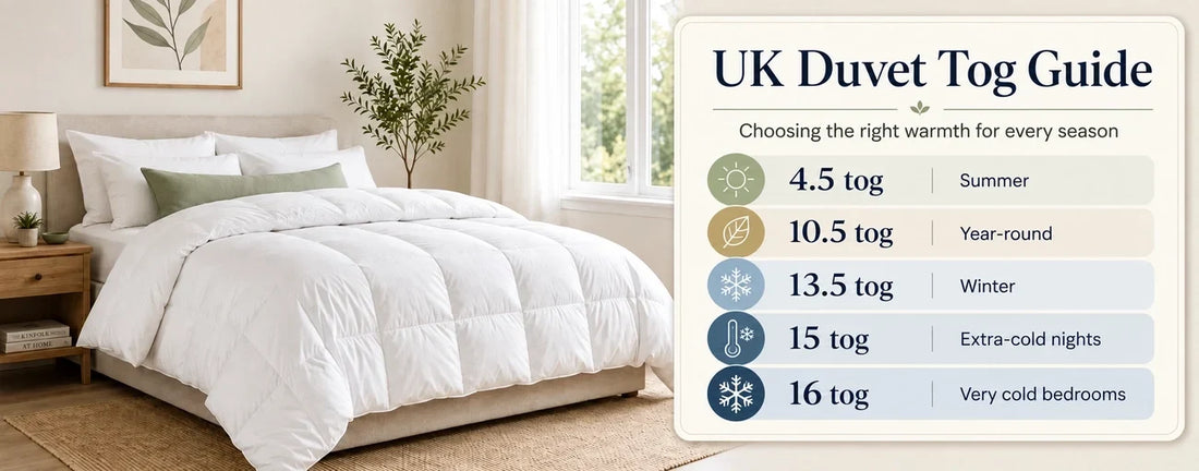 UK duvet tog guide comparing 4.5, 10.5, 13.5, 15 and 16 tog warmth levels beside a white duvet in a bright modern bedroom