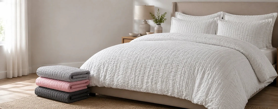 Textured seersucker duvet cover styled on a contemporary UK bed showing its distinctive puckered surface