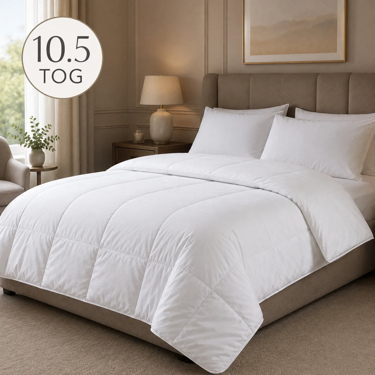 White 10.5 tog duvet styled on a bed in a warm luxury UK bedroom