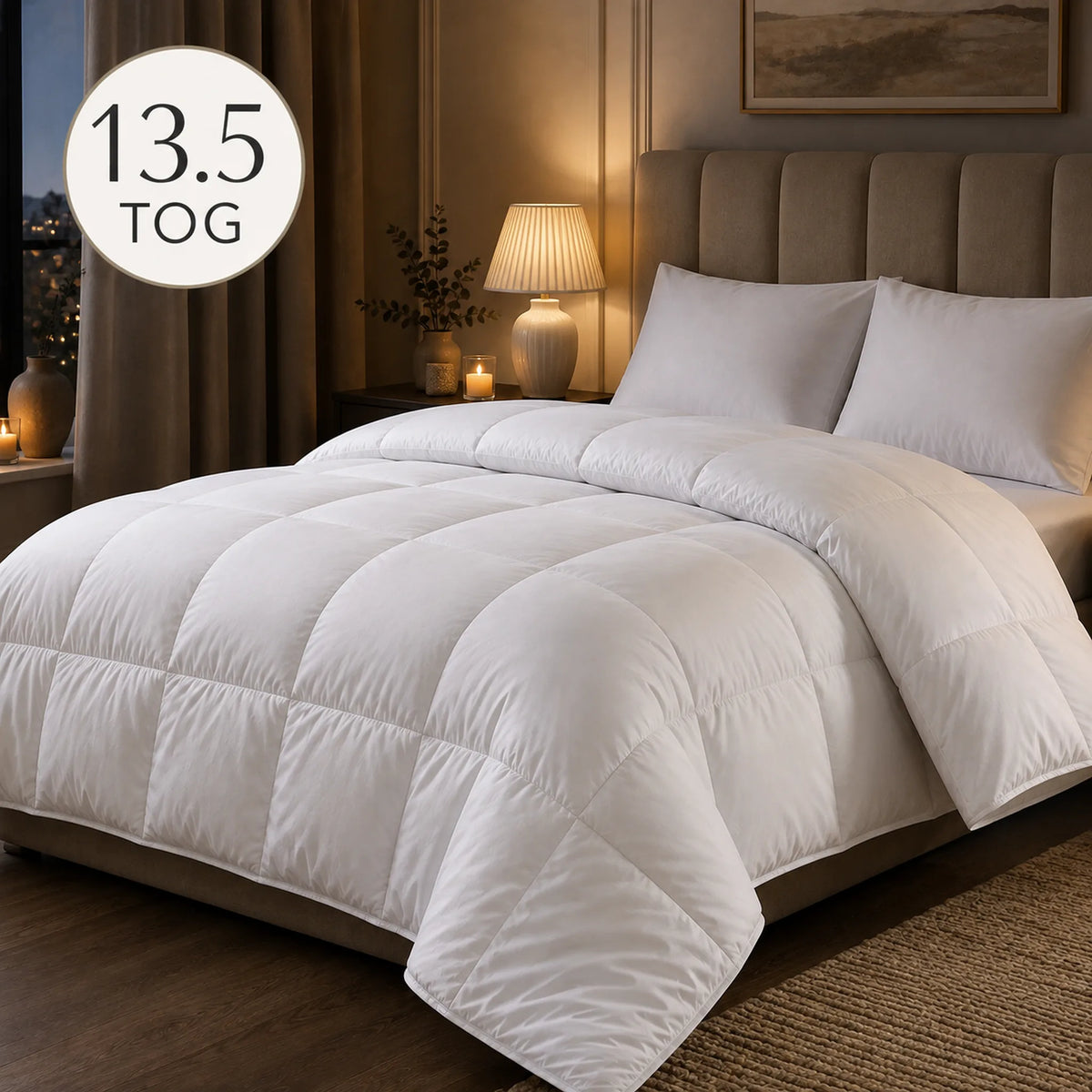 Thick white 13.5 tog duvet styled on a bed in a cosy luxury UK bedroom