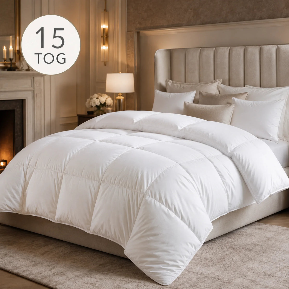 Extra thick white 15 tog duvet styled on a bed in a luxury UK hotel-style bedroom