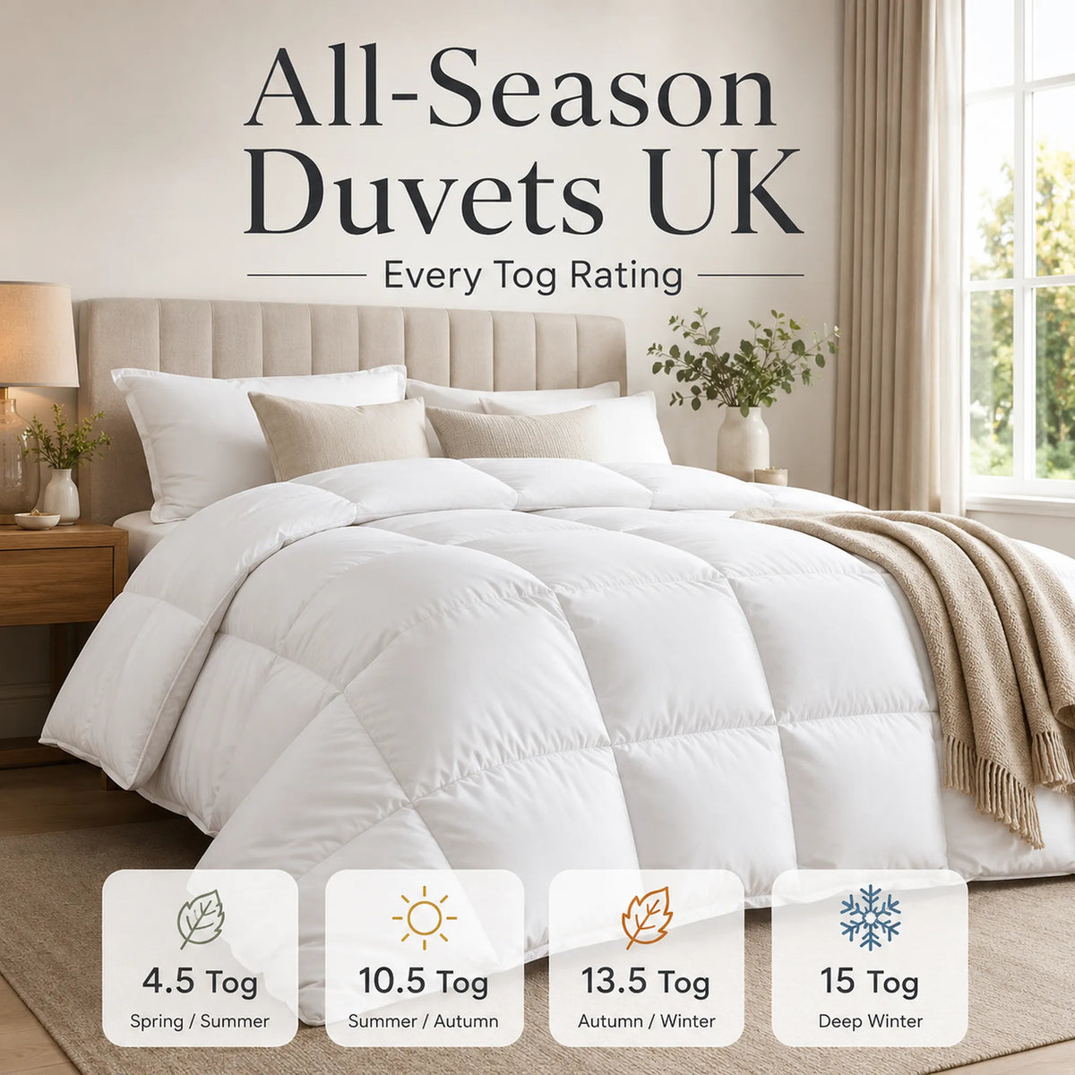 White all-season duvet in a luxury UK bedroom with 4.5, 10.5, 13.5 and 15 tog rating options