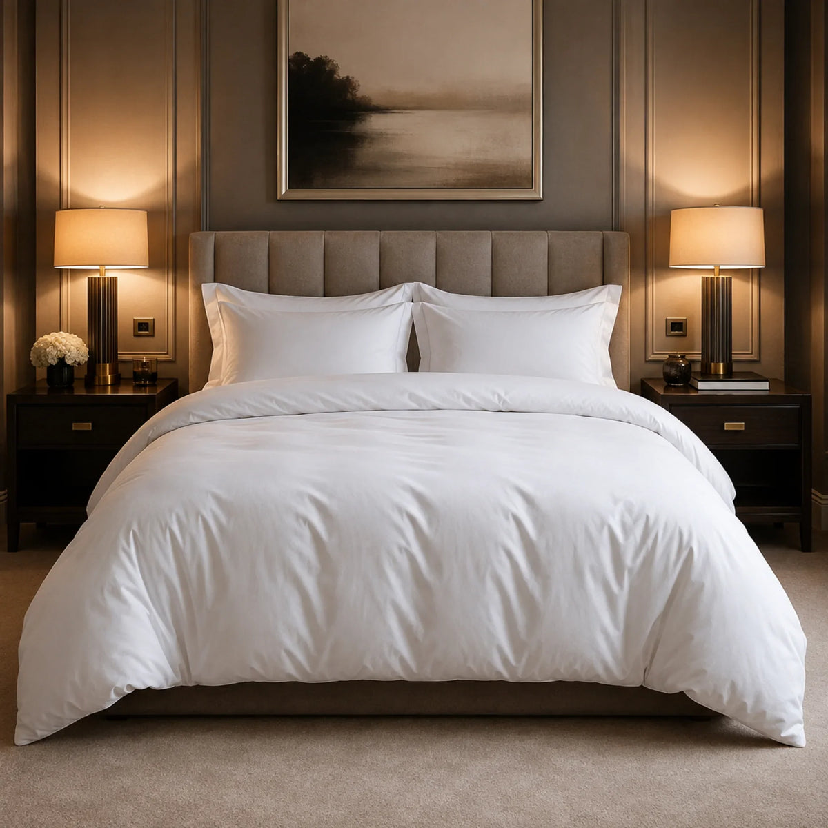 White double duvet styled on a double bed in a luxury UK hotel-style bedroom