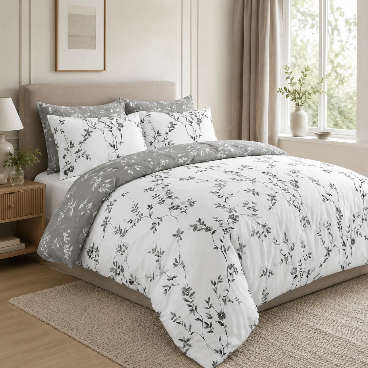 Grey and white floral duvet cover set styled on a bed in a bright luxury UK bedroom