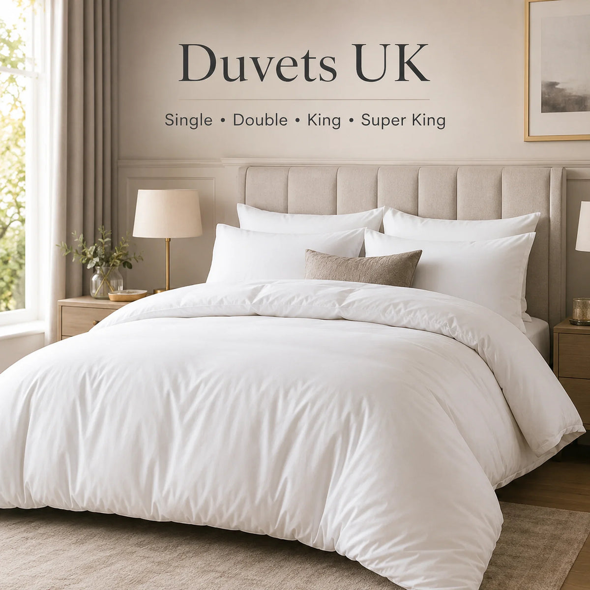 White duvet styled on a luxury UK bed with Single, Double, King and Super King size options