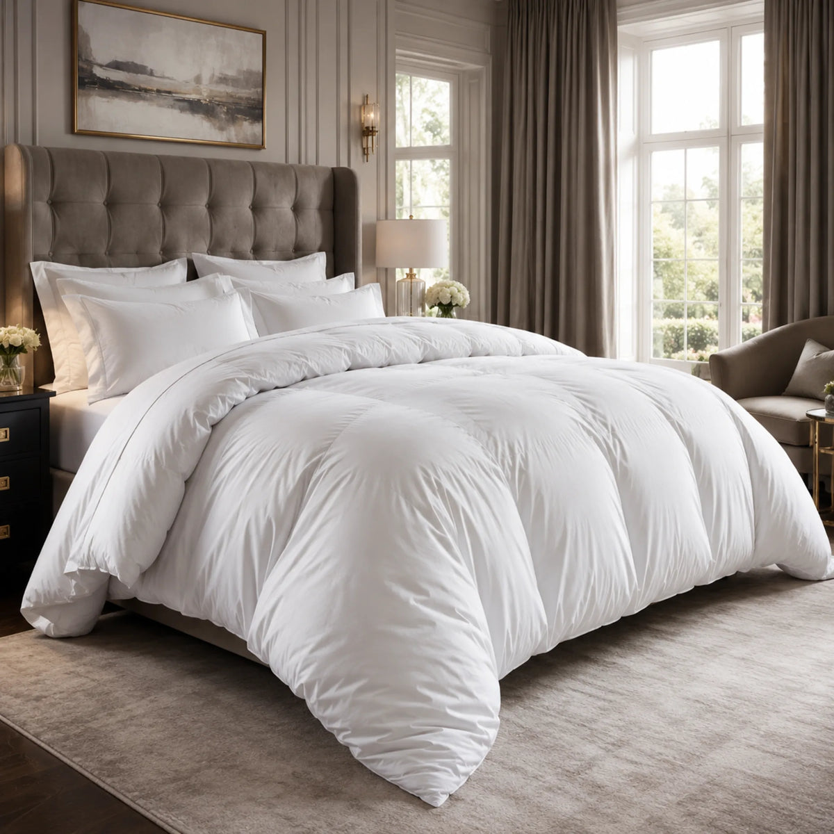 White king size duvet styled on a king bed in an elegant luxury UK bedroom