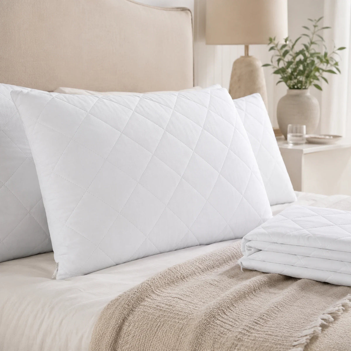 White quilted pillow protectors styled on pillows in a bright luxury UK bedroom