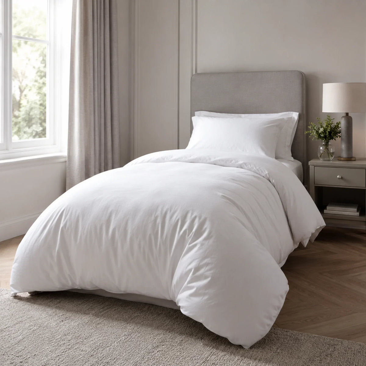 White single duvet styled on a single bed in a bright luxury UK bedroom