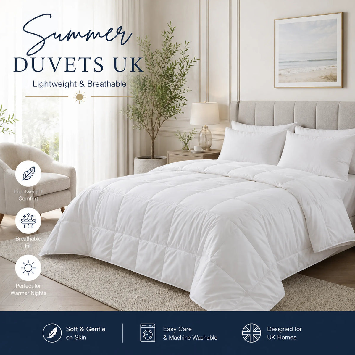 Lightweight white summer duvet styled on a bed in a bright modern UK bedroom