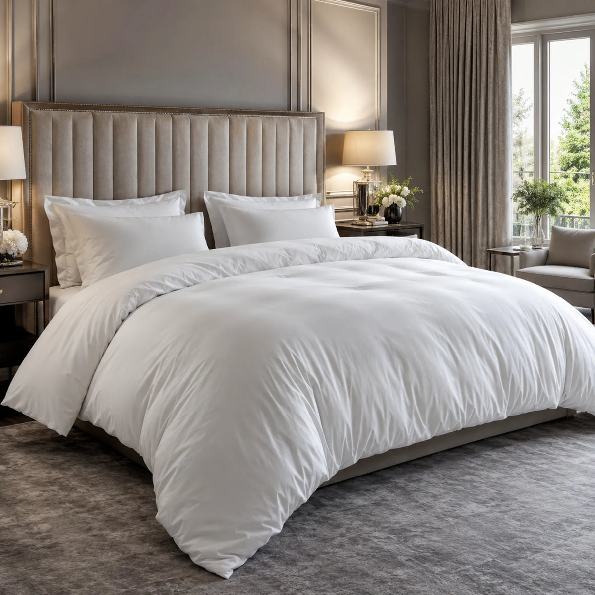 White super king duvet styled on a super king bed in a lavish luxury UK bedroom