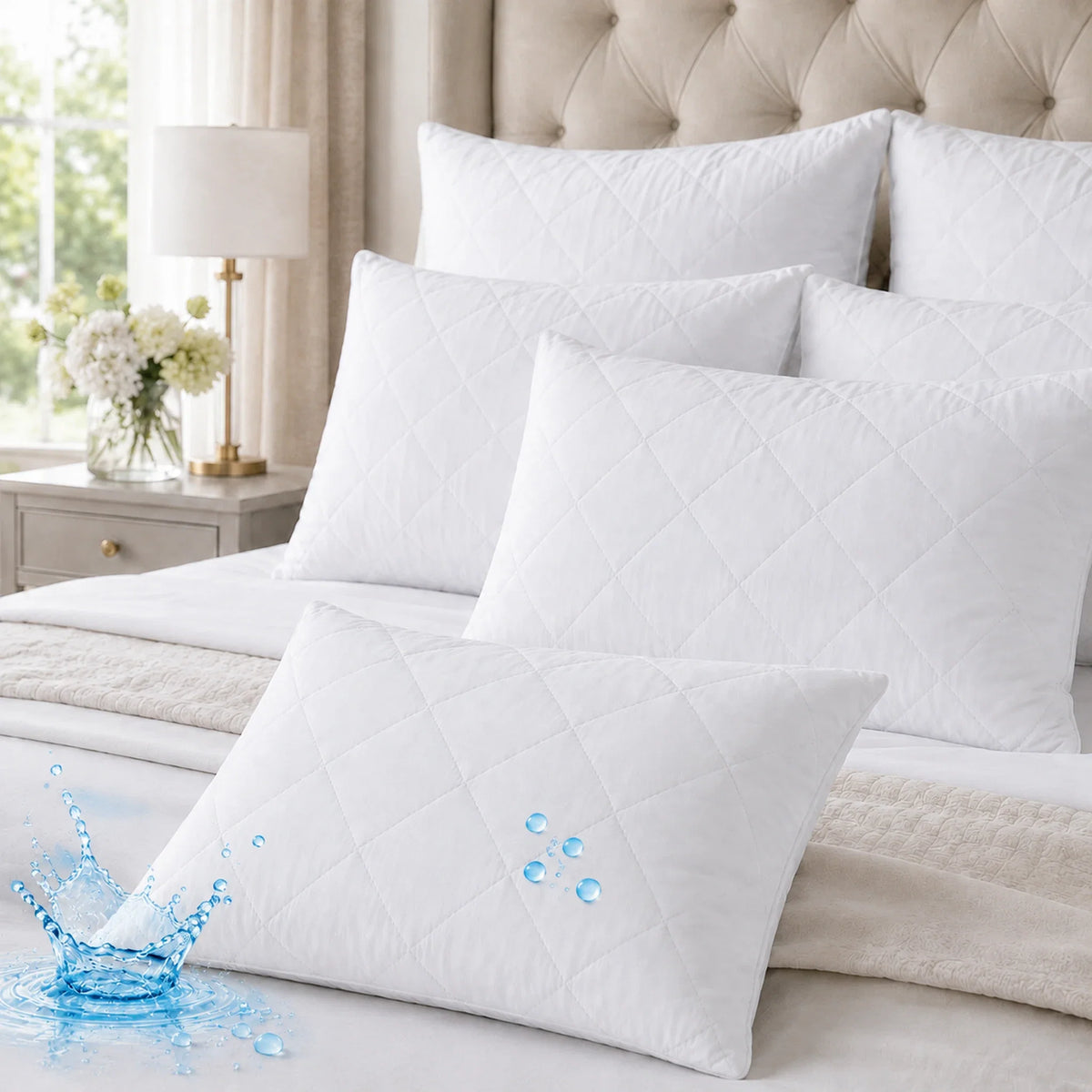 White waterproof quilted pillow protectors with blue water droplets in a luxury UK bedroom