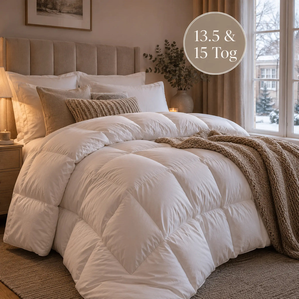 Thick white 13.5 and 15 tog winter duvets styled on a bed in a cosy luxury UK bedroom