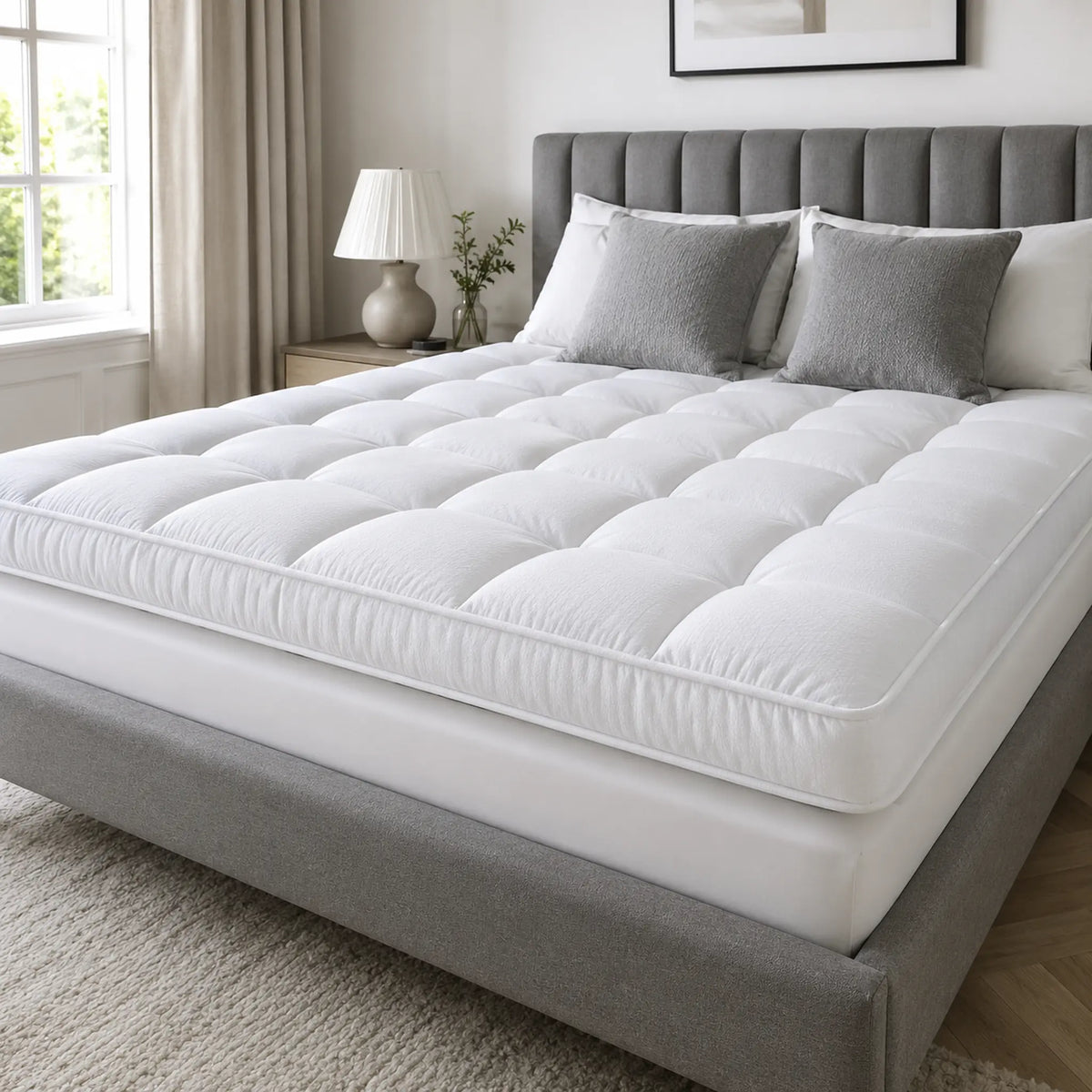 10cm Double mattress topper with deep quilted padding on a UK Double bed