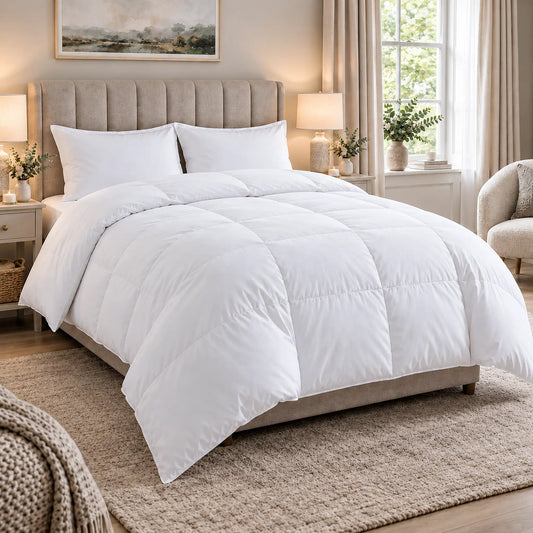 White 16 tog double hollowfibre duvet with soft microfibre cover styled in a luxury UK bedroom