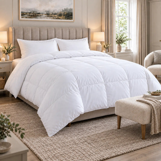 White 16 tog king size hollowfibre duvet with soft microfibre cover styled in a luxury UK bedroom