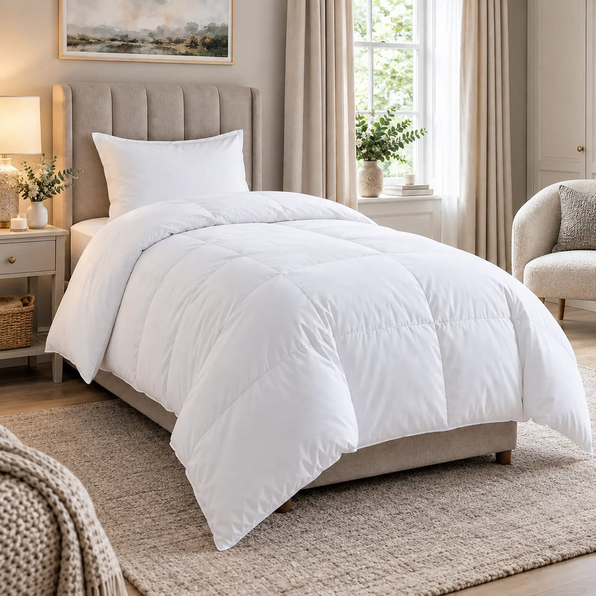 White 16 tog single hollowfibre duvet with soft microfibre cover styled in a luxury UK bedroom