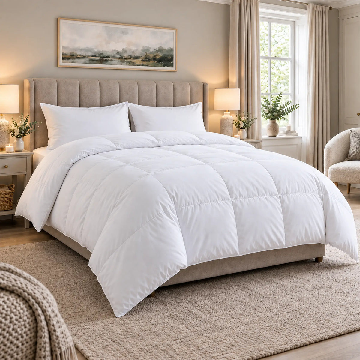 White 16 tog super king hollowfibre duvet with soft microfibre cover styled in a luxury UK bedroom
