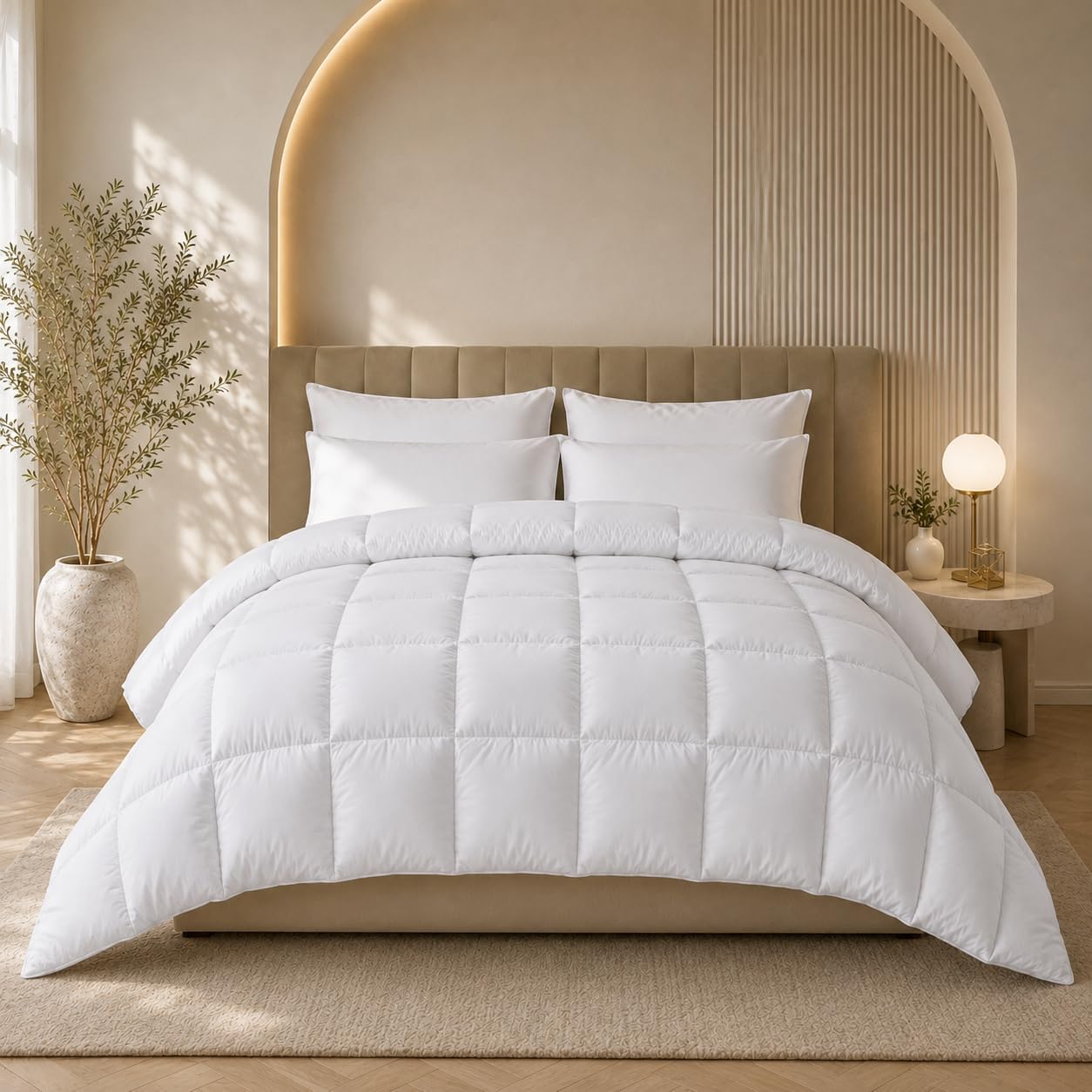 White quilted duvet with soft-touch cotton cover styled on a bed in a neutral bedroom