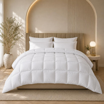 White quilted duvet with soft-touch cotton cover styled on a bed in a neutral bedroom