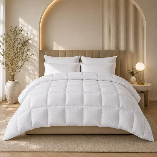 White quilted duvet with soft-touch cotton cover styled on a bed in a neutral bedroom
