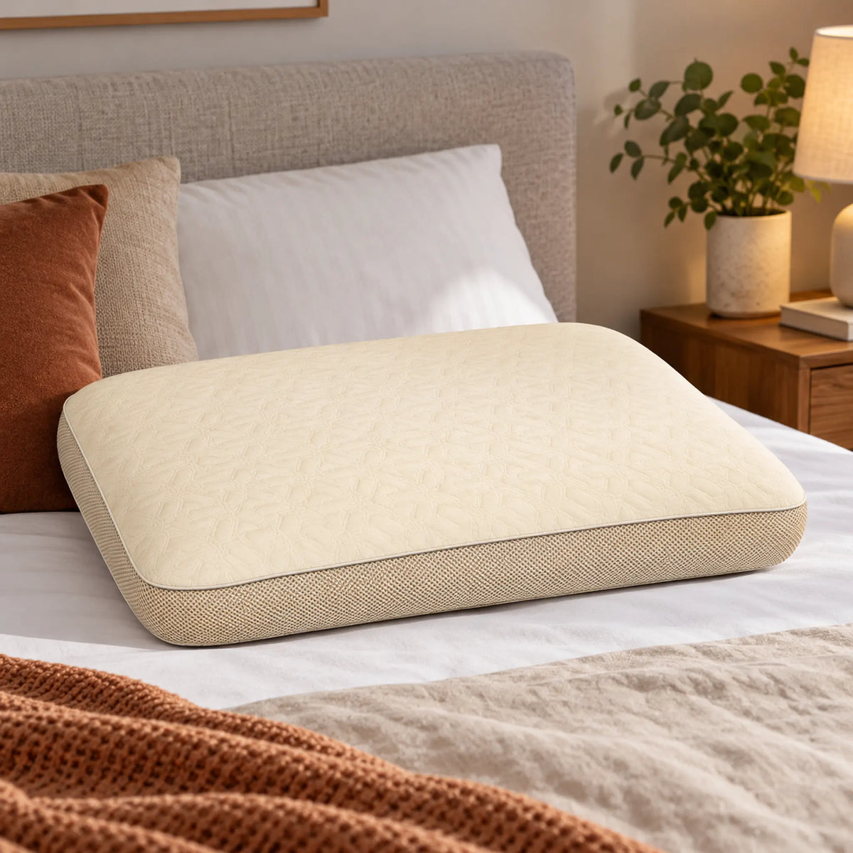 Airflow cooling memory foam pillow with cream quilted cover and breathable mesh sides on a modern bedroom bed