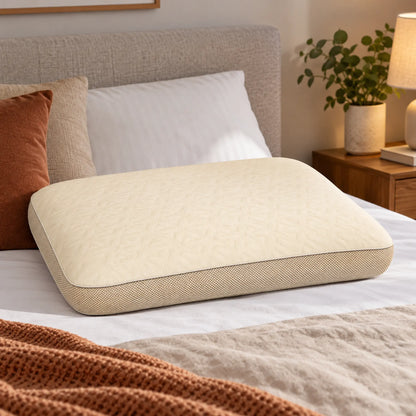 Airflow cooling memory foam pillow with cream quilted cover and breathable mesh sides on a modern bedroom bed