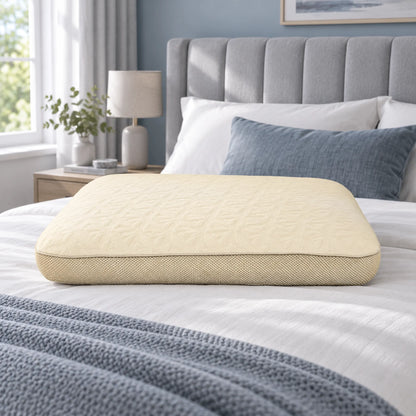 Airflow cooling memory foam pillow with cream cover and breathable mesh sides on a modern grey bedroom bed