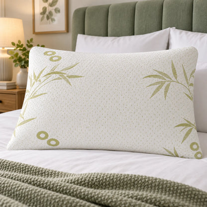 Single bamboo memory foam pillow with white bamboo-patterned cover styled on a UK bedroom bed