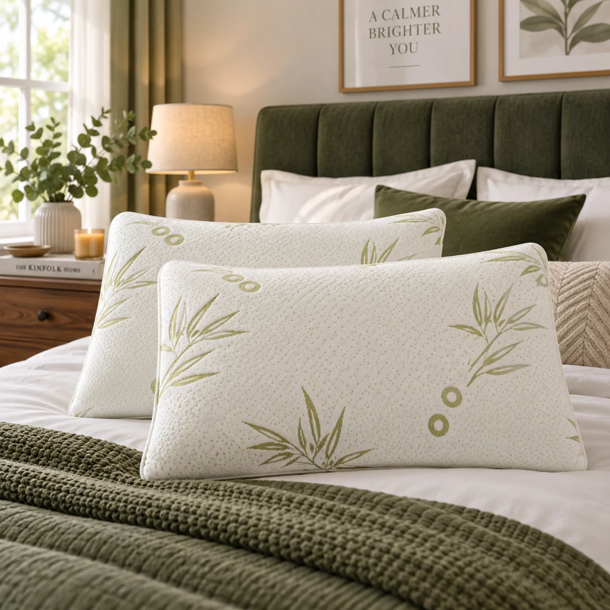 Two bamboo memory foam pillows with white bamboo-patterned covers styled in a sage green bedroom