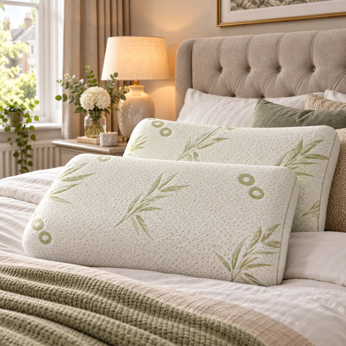 Two bamboo memory foam pillows with white patterned covers styled on a luxury UK bedroom bed
