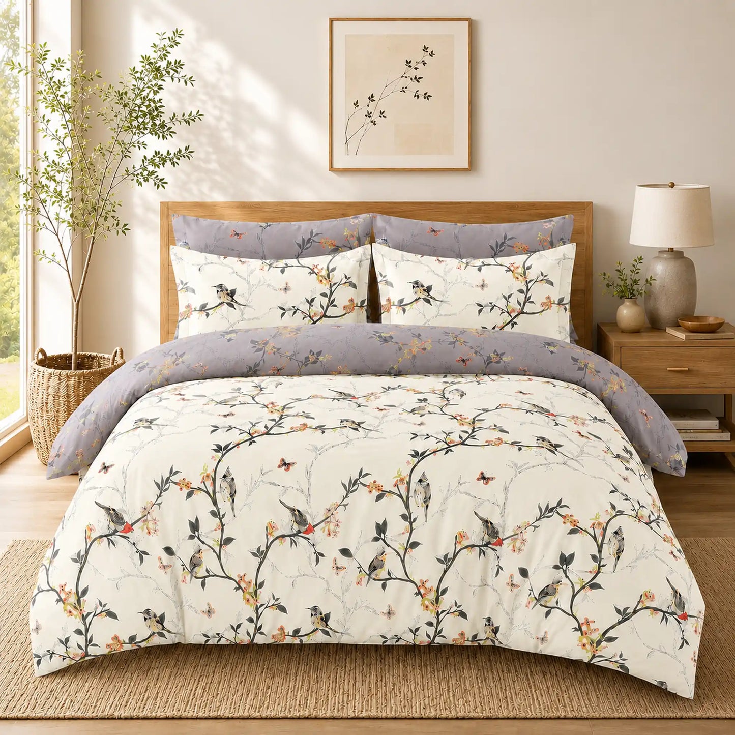 Cream bird print duvet cover set with blossom branches and butterflies styled on a bed
