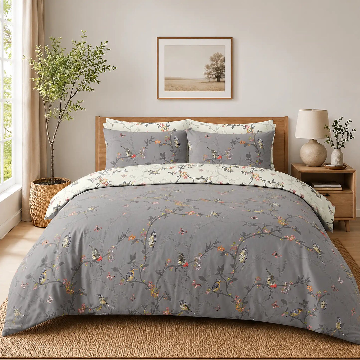 Caramel Flower duvet cover set showing the reversible dove grey side