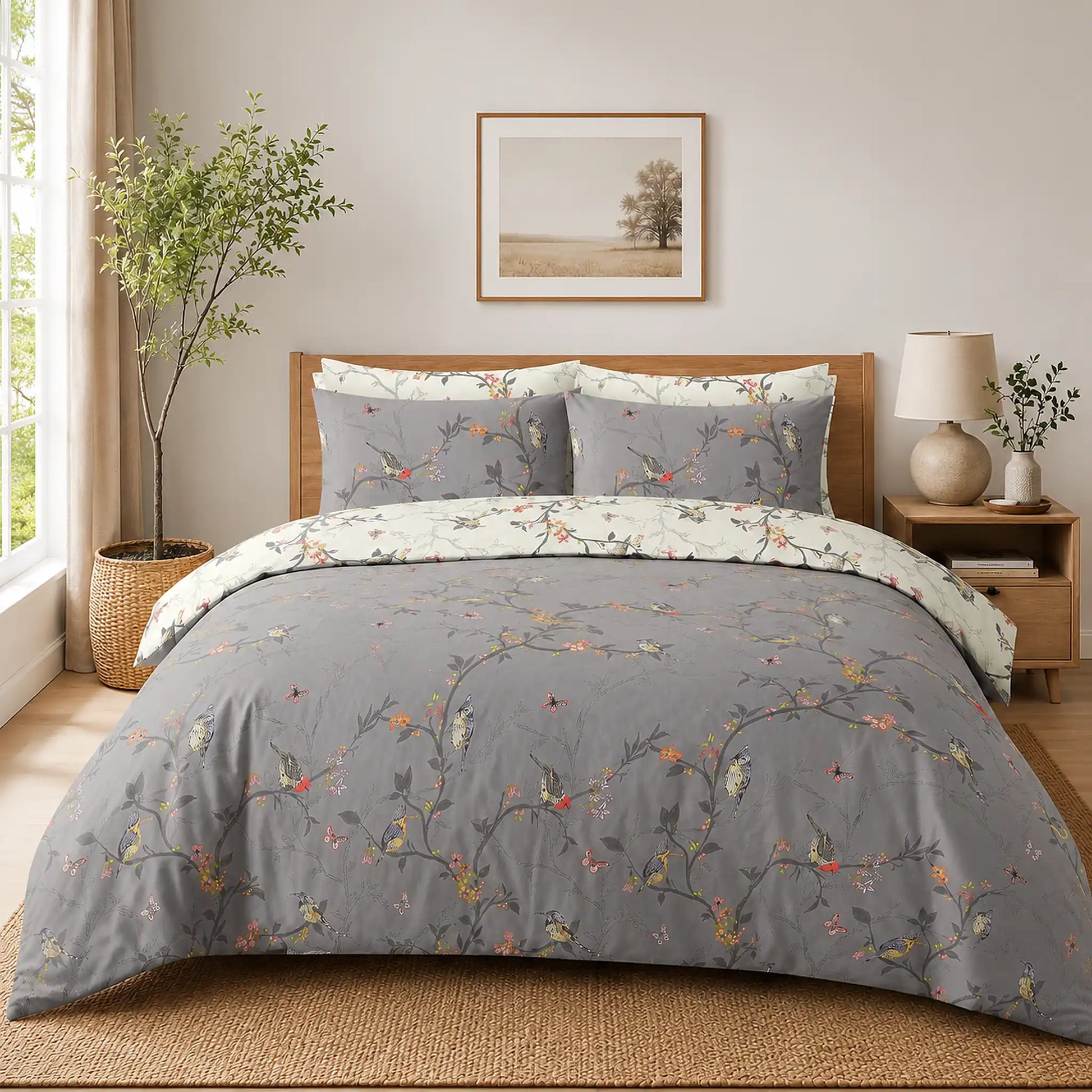 Caramel Flower duvet cover set showing the reversible dove grey side